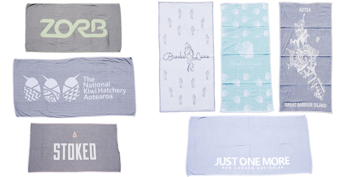 Custom printed turkish cotton towels by StokedNZ for promotions and corporate gifting.